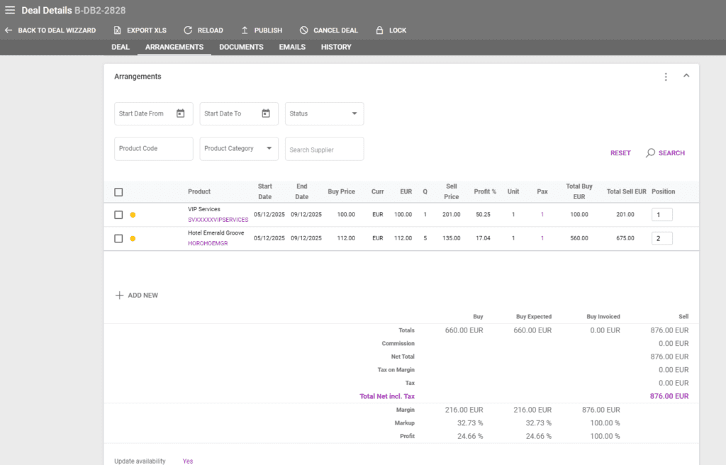 A screenshot showing the arrangement position in a booking in our travel management software