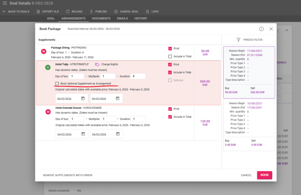 A screenshot showing the new checkbox in the travel package booking interface