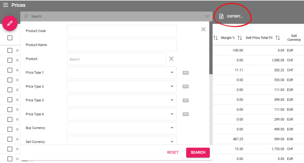 A screenshot showing the new export to excel button in the prices listing