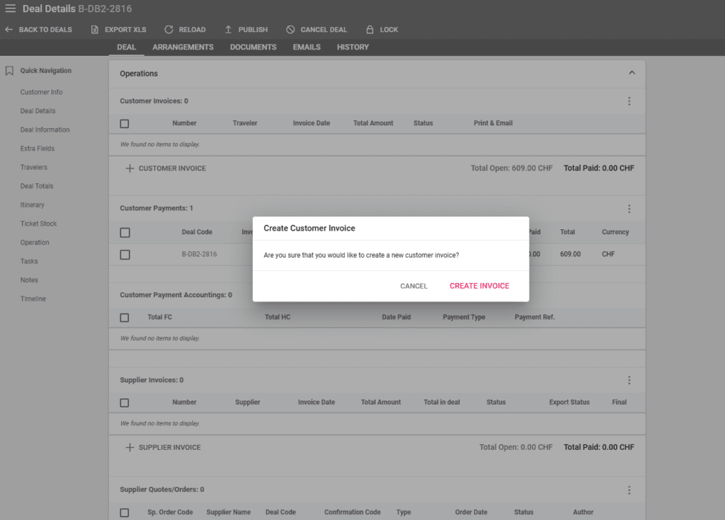A screenshot showing the new confirmation window before creating a custom invoice for an itinerary