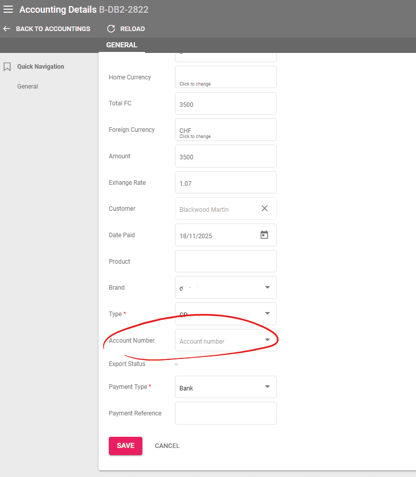 A screenshot showing the account number choice list in accounting details
