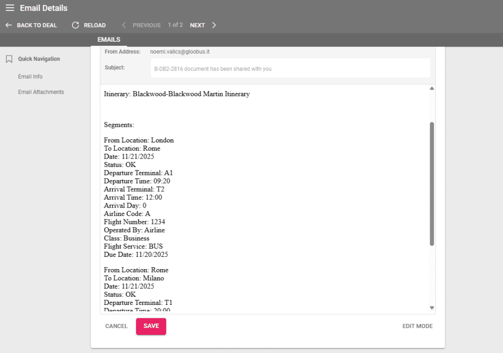 A screenshot showing the placeholder for itinerary and related segments