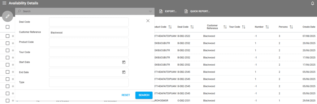 A screenshot showing the new customer reference search field in the availability details search