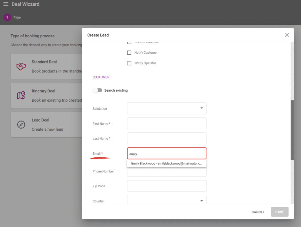 A screenshot showing the email address auto suggest feature in create lead in our tour operator software