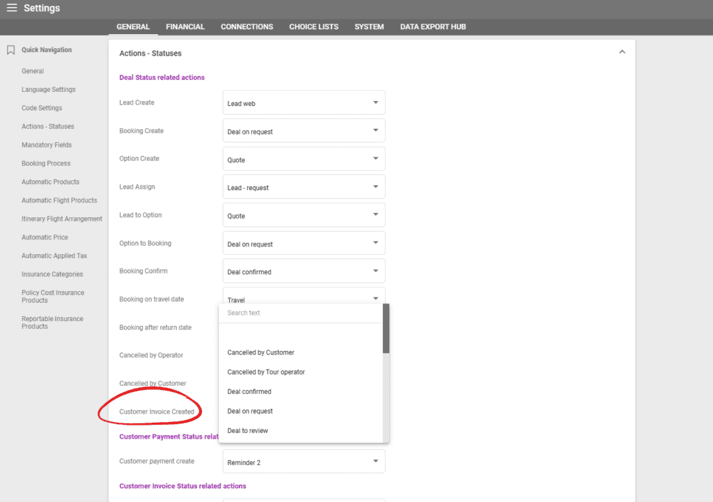 A screenshot showing the new Actions - Statuses option for Deal status related actions for customer invoice created