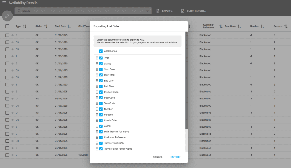 A screenshot showing the export to excel in Availability details listing