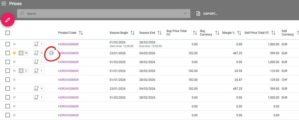 A screenshot showing the icon that a price was published to web in the prices listing