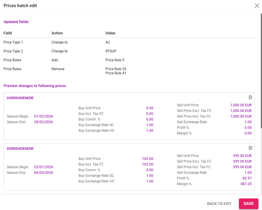 A screenshot showing the preview functionality of prices batch edit