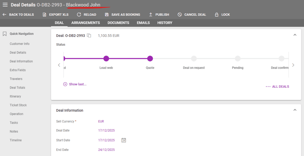 A screenshot showing the customer name next to the deal code in our travel management software