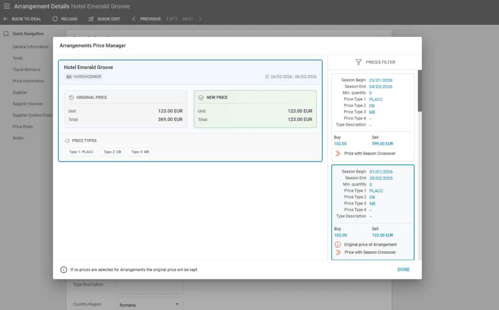 A screenshot showing the new arrangement price manager for season cross over prices in our travel management software