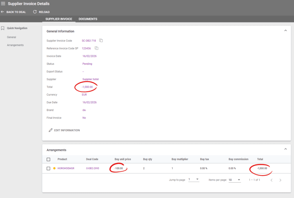 A screenshot showing the possibility to have negative values in supplier invoices