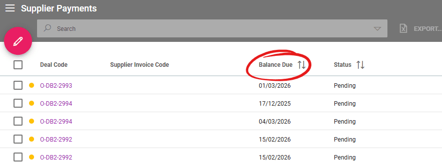 A screenshot showing the renamed column from due date to balance due