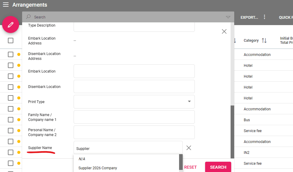 A screenshot showing the new search field for Supplier Name in advanced search filters from the Arrangements listing