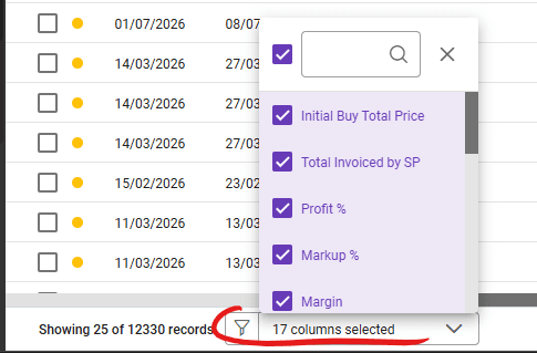 A screenshot showing how to toggle columns on and off