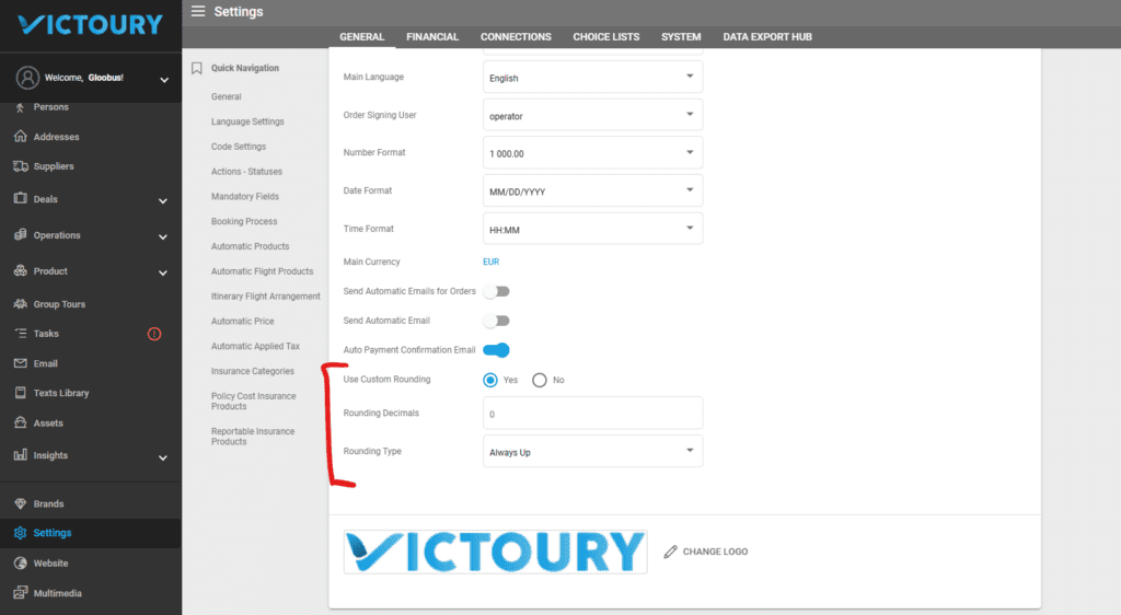 A screenshot showing the new custom rounding section in our travel management software