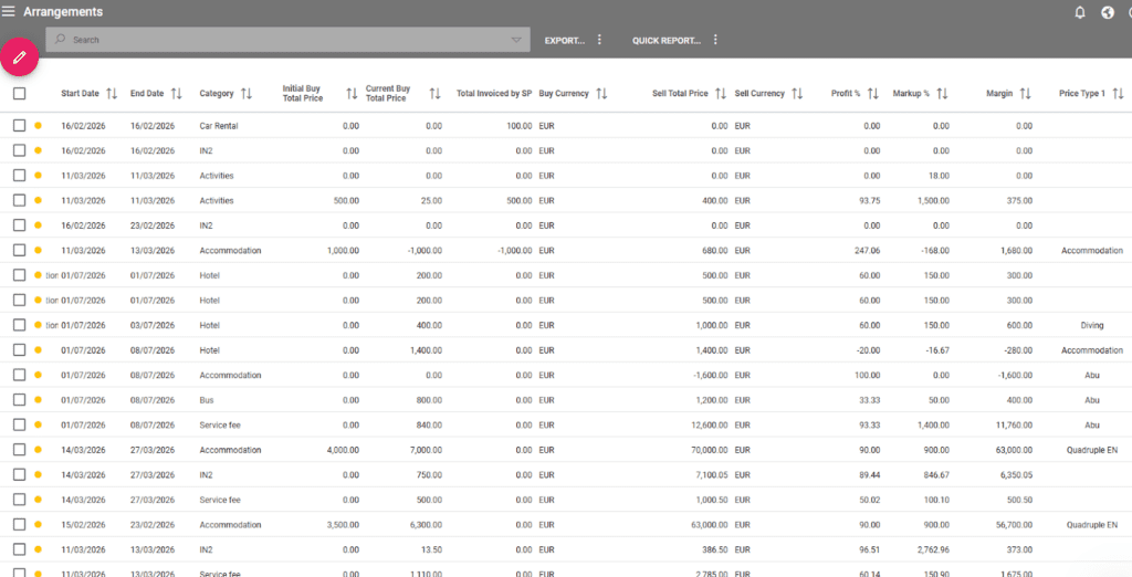 A screenshot showing the new columns in arrangements listing for total buy invoiced by supplier, original buy price, current buy price, markup, profit %, and margin