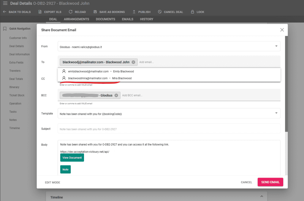 A screenshot showing the auto suggested email addresses in Notes / Email sending 