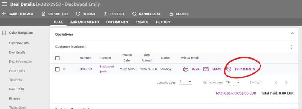 A screenshot showing the new document history button in Deal Details / Operations / Customer Invoices
