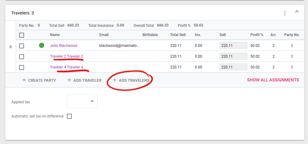 A screenshot showing the add travelers button to add more travelers in a deal quickly