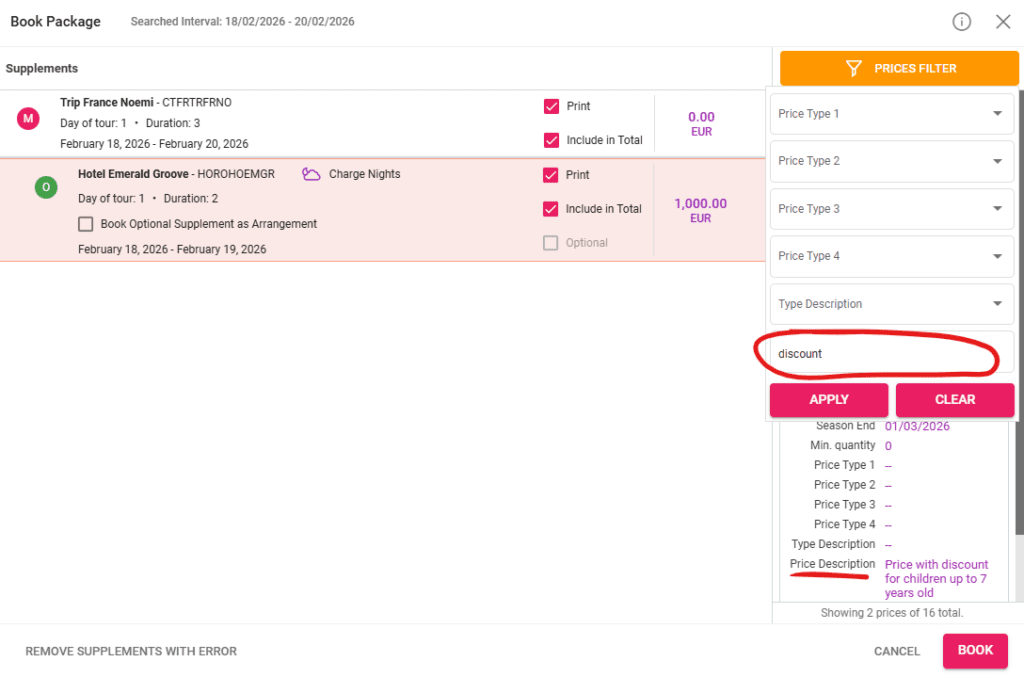A screenshot showing the new Price Description field in the booking package product process