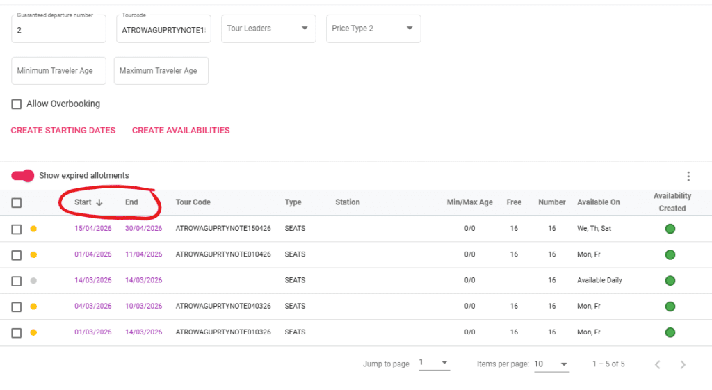 A screenshot showing the new column sorting for Start Date and End Date in Product Allotments 