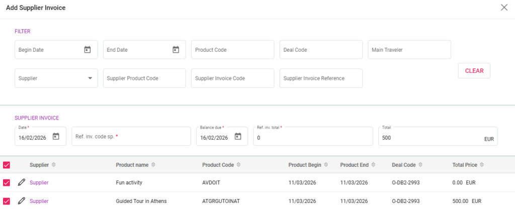 A screenshot showing the option to select all arrangements with the same supplier and currency when creating a new supplier invoice