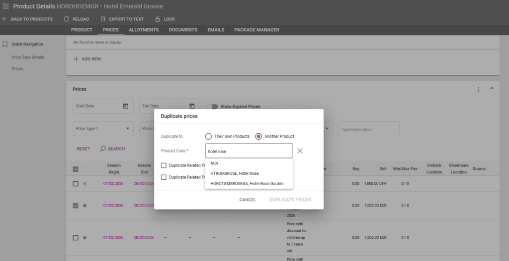 A screenshot showing the new duplicate product prices option to save on a different product 
