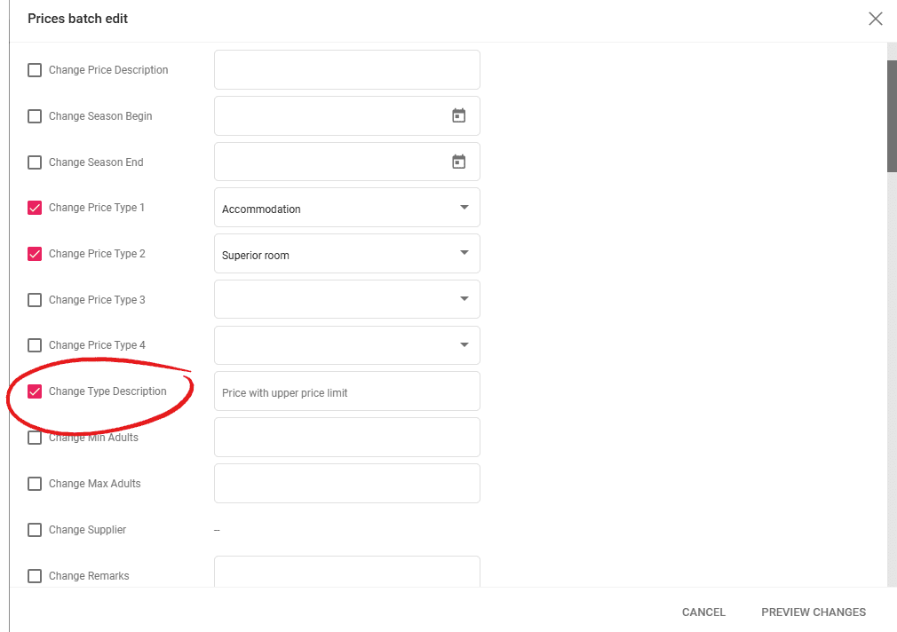 A screenshot showing the edit type description in prices batch edit
