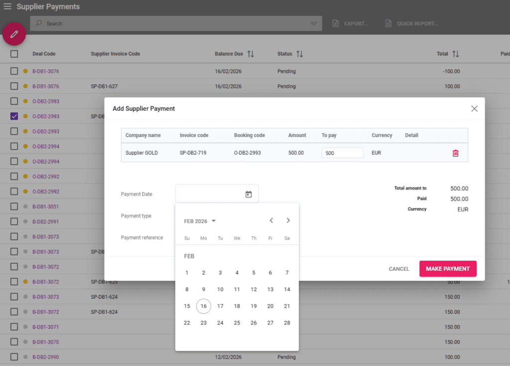A screenshot showing the new field for Payment Date in the supplier payment section and the date picker