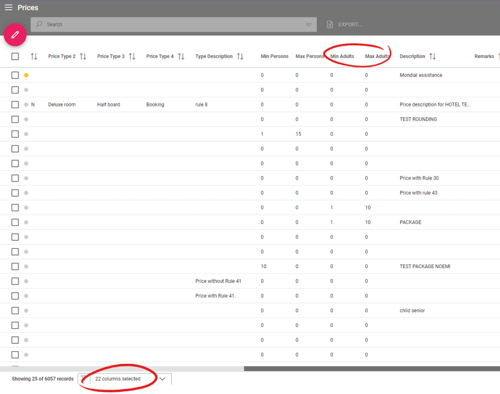 A screenshot showing the new columns for min and max adults in the prices listing