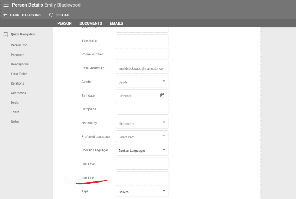 A screenshot showing the new Job title field in Persons Details