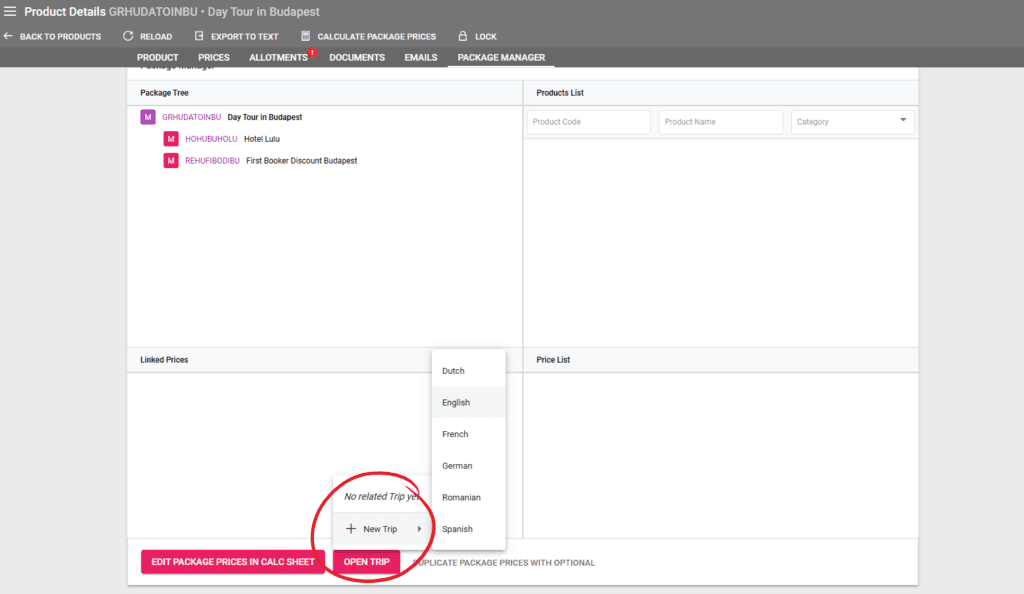 A screenshot showing the New Trip button in the package manager
