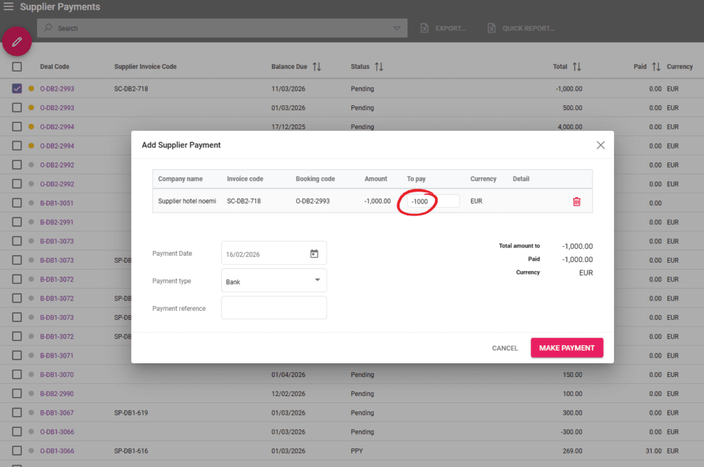 A screenshot showing the possibility to have negative values in supplier payments