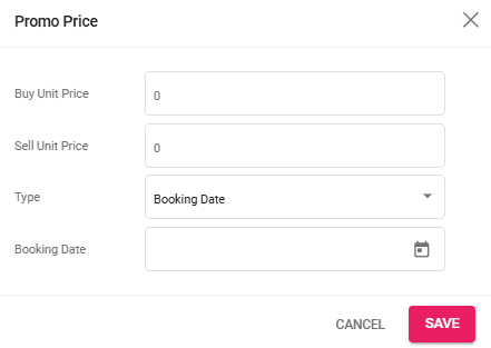 A screenshot of the promo price add window for a booking date promo price.