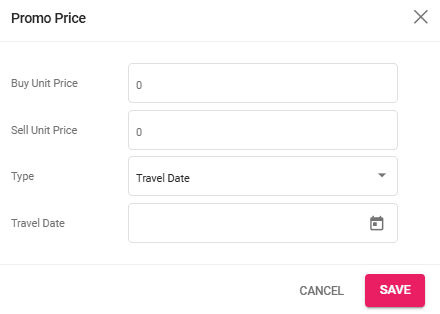 A screenshot of the promo price add window for a travel date promo price.