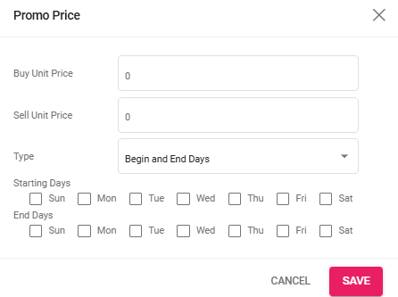 A screenshot of the promo price add window for a begin and end days promo price.